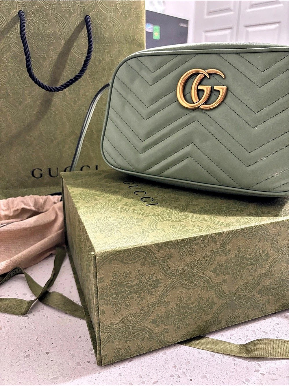 Gucci GG Marmont Matelassé Small Shoulder Bag Sage Green Matelassé Small